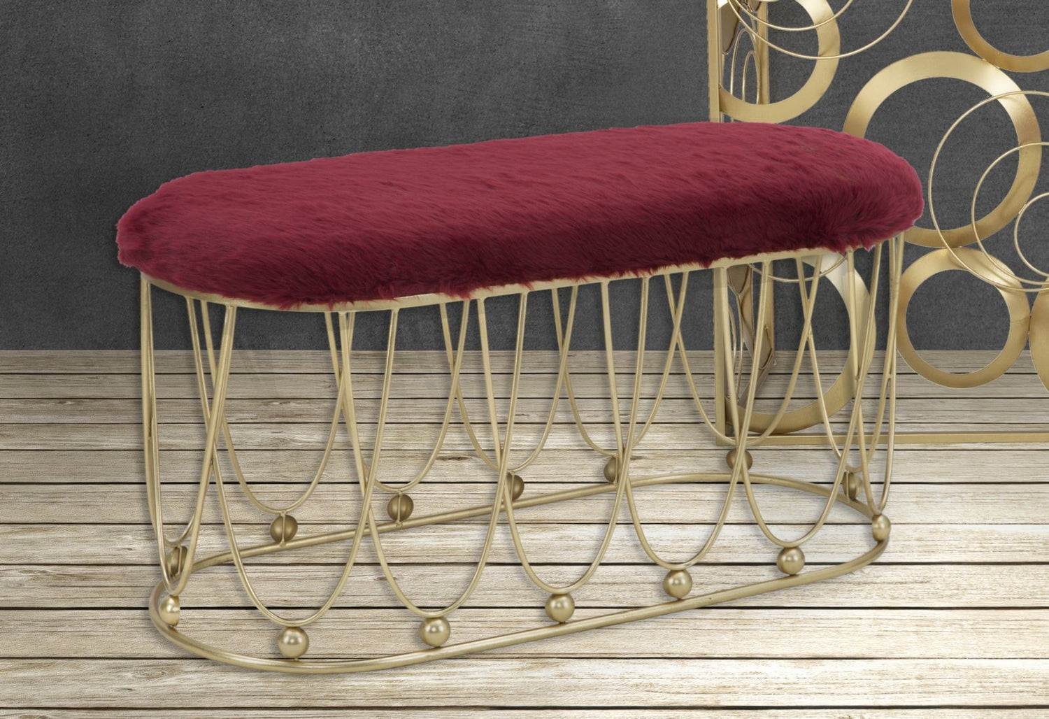 Buy Metal bench, upholstered with Amelie Bordeaux / Gold fabric, L91.5xW40.5xH46 cm online, best price, free delivery