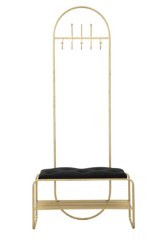 Buy Upholstered bench with fabric and metal legs, with shoe rack and hanger, Gold / Black Velvet Pyramid, L80xW38.5xH180 cm online, best price, free delivery