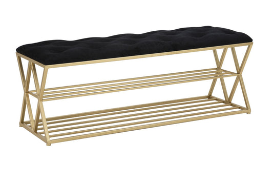 Buy Upholstered bench with fabric and metal legs, with shoe rack, Piramid Large Velvet Black / Gold, l120xW40xH45 cm online, best price, free delivery