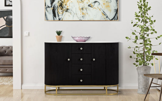 Buy Wood and metal chest of drawers upholstered with fabric, 4 drawers and 2 doors, Montpellier Black / Gold, L120xW40xH85 cm online, best price, free delivery