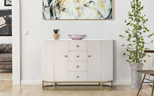 Buy Wood and metal chest of drawers upholstered with fabric, 4 drawers and 2 doors, Montpellier Cream / Gold, l120xW40xH85 cm online, best price, free delivery