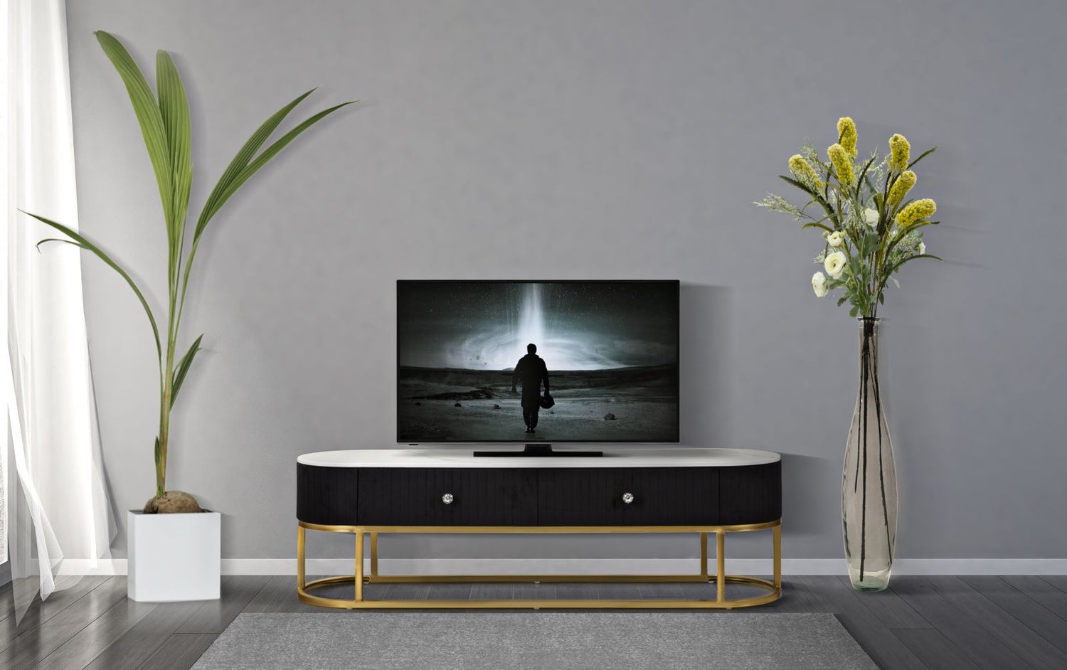 Buy Wood and metal TV chest upholstered with fabric, 2 drawers, Montpellier Black / Gold, l150xW42xH45 cm online, best price, free delivery