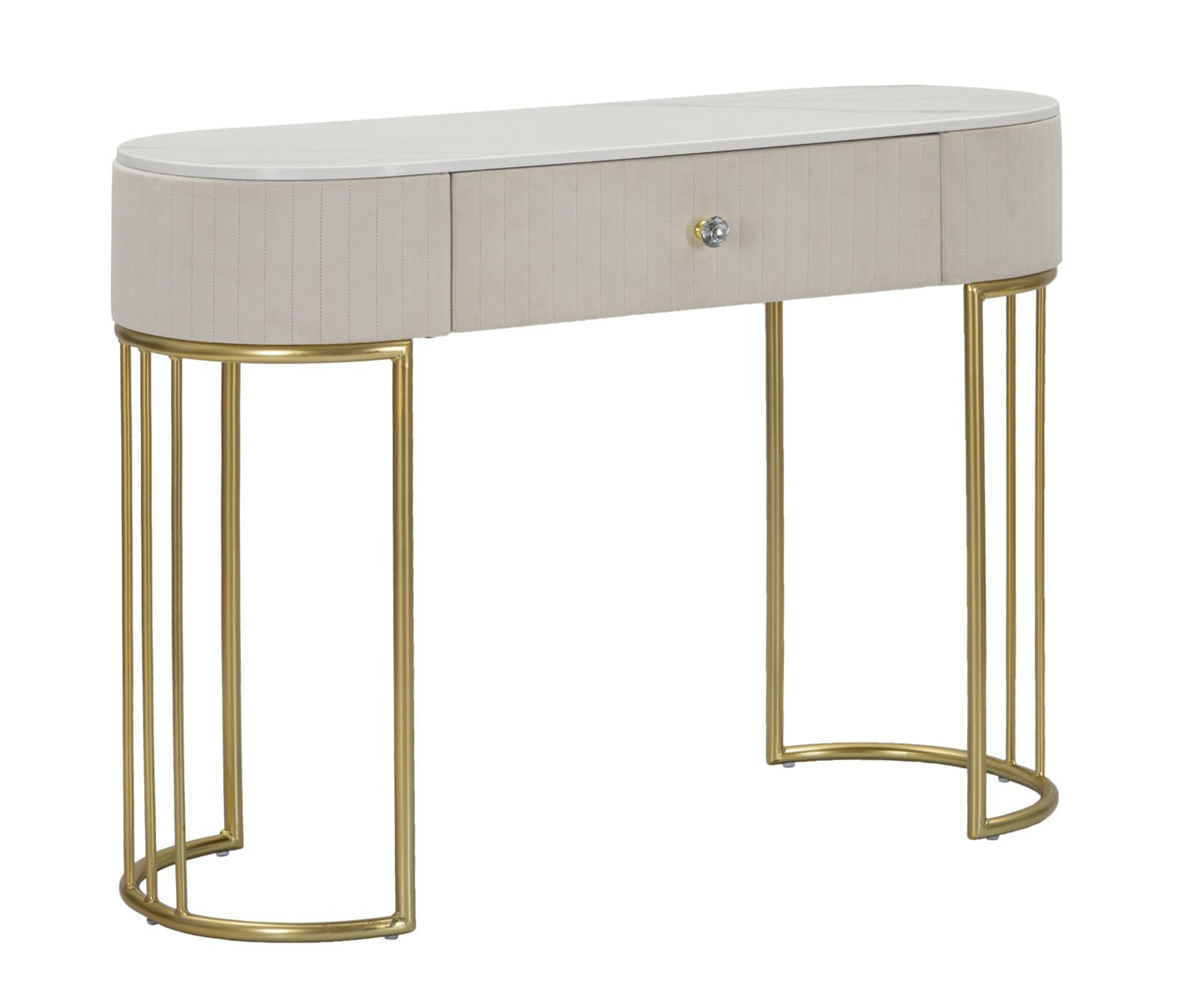 Buy Wood and metal console upholstered with fabric, 1 drawer, Montpellier Cream / Gold, l100xW43xH74 cm online, best price, free delivery