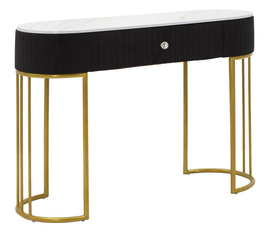 Buy Wood and metal console upholstered with fabric, 1 drawer, Montpellier Black / Gold, l100xW43xH74 cm online, best price, free delivery