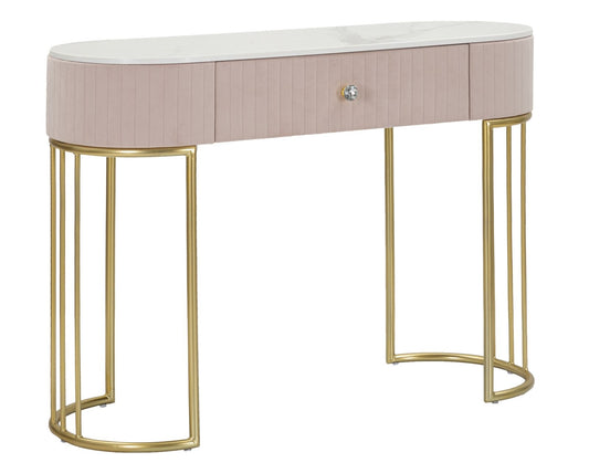 Buy Wood and metal console upholstered with fabric, 1 drawer, Montpellier Light Pink / Gold, l100xW43xH74 cm online, best price, free delivery