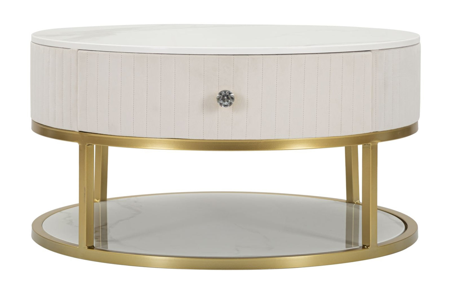 Buy Wood and metal coffee table upholstered with fabric, 2 drawers, Montpellier Cream / Gold, Ø75xH36 cm online, best price, free delivery