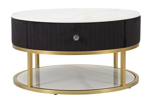 Buy Wood and metal coffee table upholstered with fabric, 2 drawers, Montpellier Black / Gold, Ø75xH36 cm online, best price, free delivery