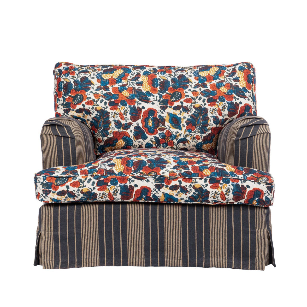 MONTPARNASSE SKIRTED CHAIR - REMONDINI FLORAL Fabric - NEWPORT STRIPES Heavy Linen Fabric_Furniture_Mindthegap