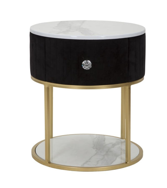 Buy Wood and metal bedside table upholstered with fabric, 1 drawer, Montpellier Black / Gold, Ø42xH48 cm online, best price, free delivery
