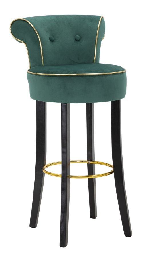 Buy Upholstered bar stool with fabric and wooden legs, Luxy Velvet Green / Black / Gold, L46xW48xH96 cm online, best price, free delivery
