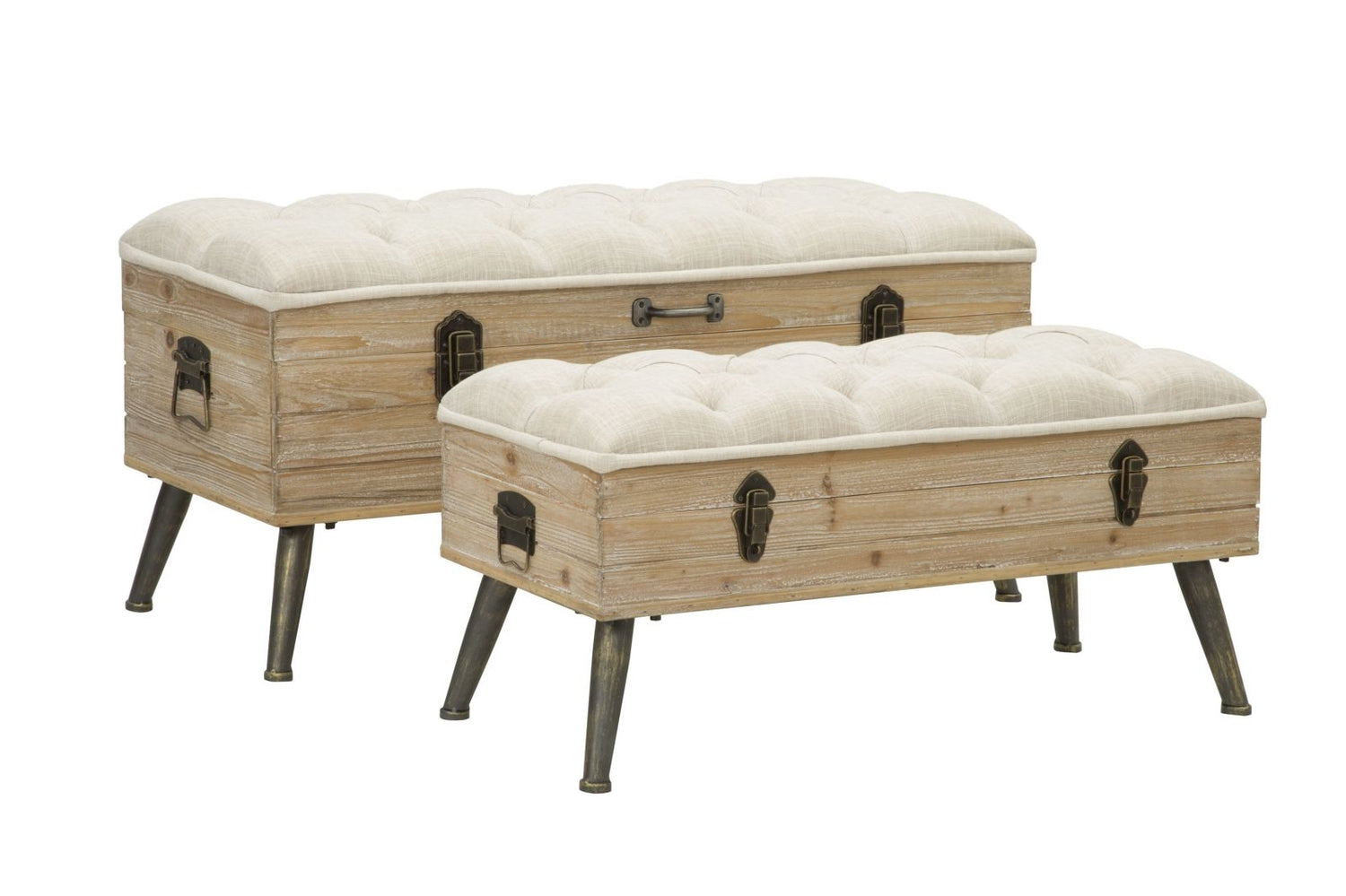 Buy Set of 2 benches with storage space upholstered with fabric and metal legs, Tirana Couple Cream, l102xW43.5xH49.5 cm / l82xW36xH37 cm online, best price, free delivery