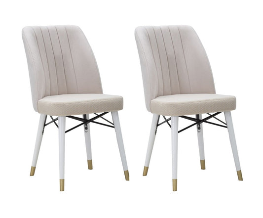 Buy Set of 2 chairs upholstered with fabric and wooden legs Bella Velvet Cream / White / Gold, L50xW49xH92.5 cm online, best price, free delivery