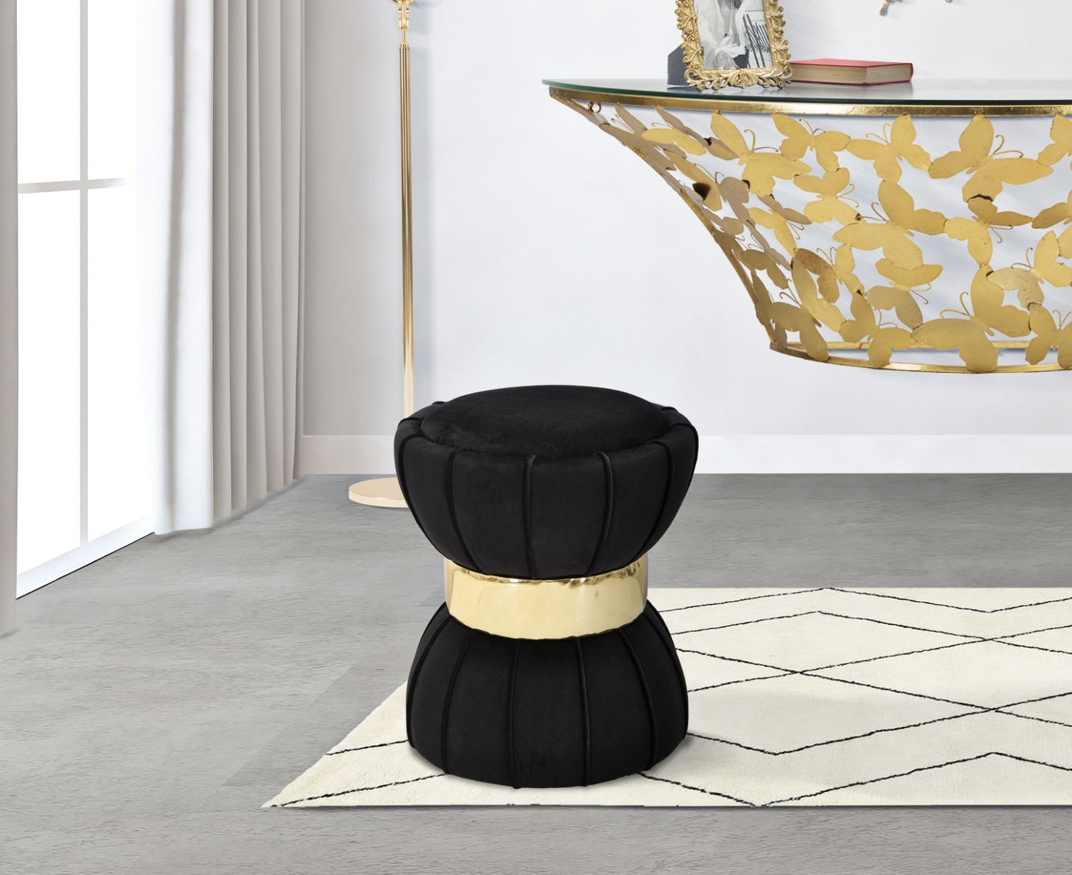 Buy Stool upholstered with Flower Velvet fabric Black / Gold, Ø40xH44 cm online, best price, free delivery
